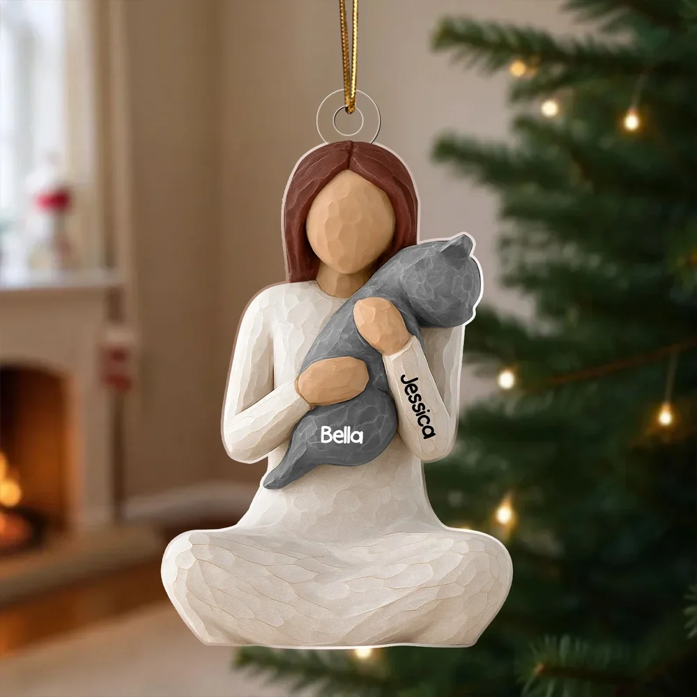 Wooden Ornament - Carved Figure Hugging a Cat, Winter Tree Decor, a unique gift for cat moms & pet owners - Image 2