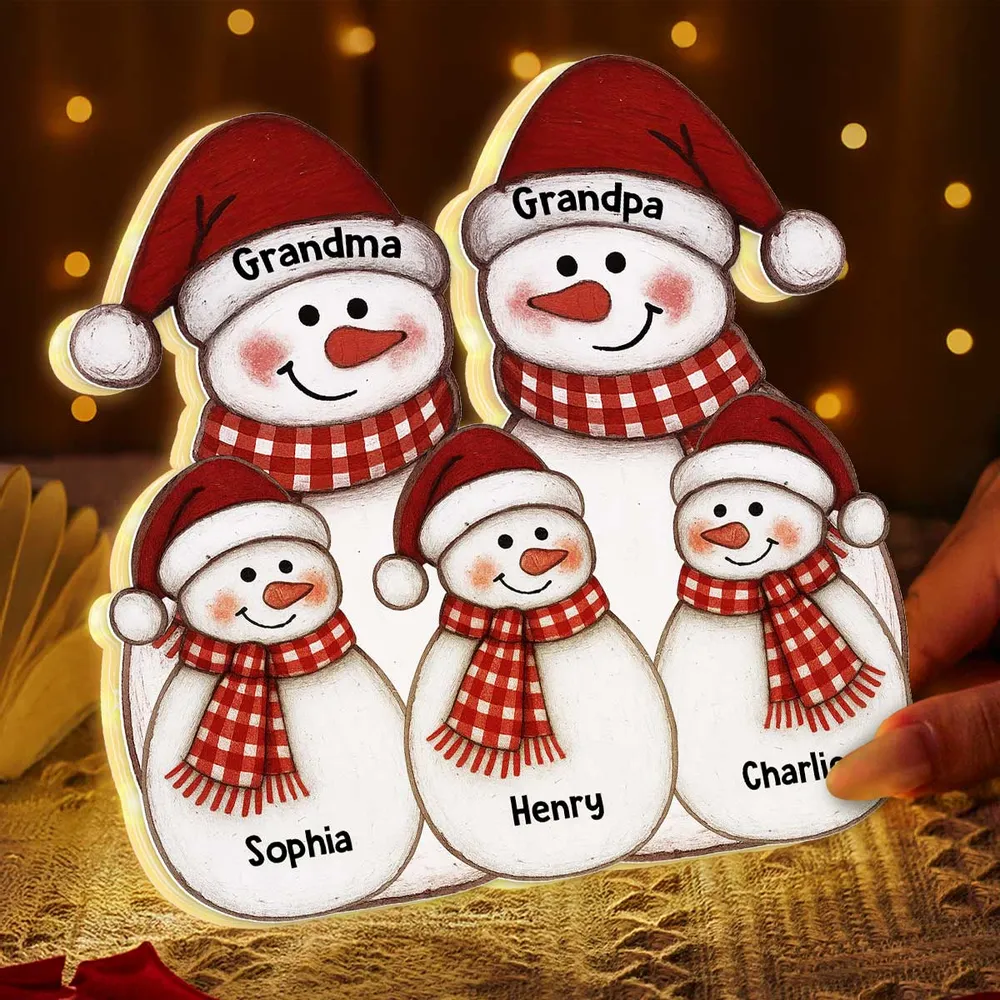Acrylic Light Box with Folk-Art Snowman Family, Christmas decor, warm glow, unique personalized gift for Grandparents - Image 3