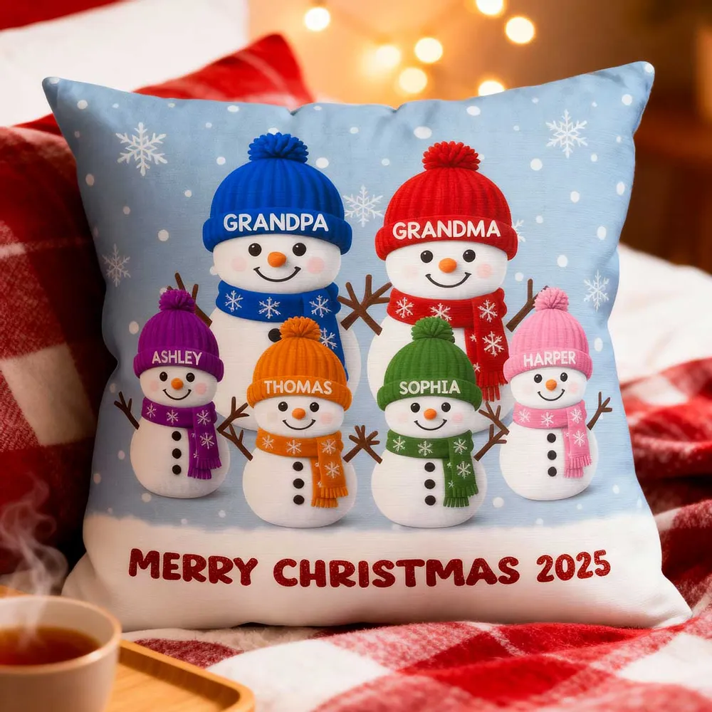 Square Pillow with Cute Snowman Family, plush velvet feel, festive room accent and creative gift for Grandma & Grandpa - Image 4