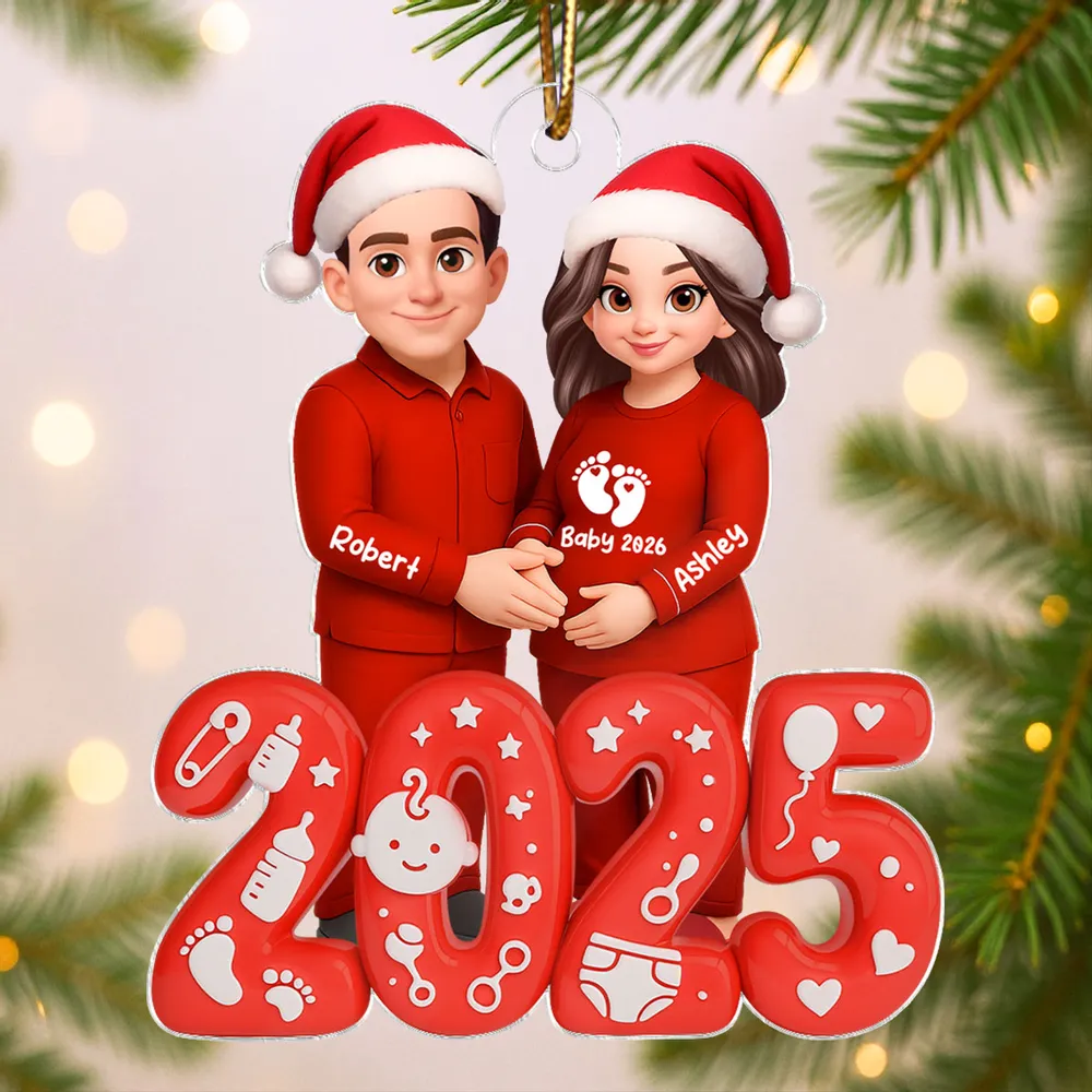 Acrylic Ornament for Expecting Parents - Personalized Santa-Hat Couple, Cozy Tree Keepsake, a unique gift for Mom-to-Be & Dad - Image 2