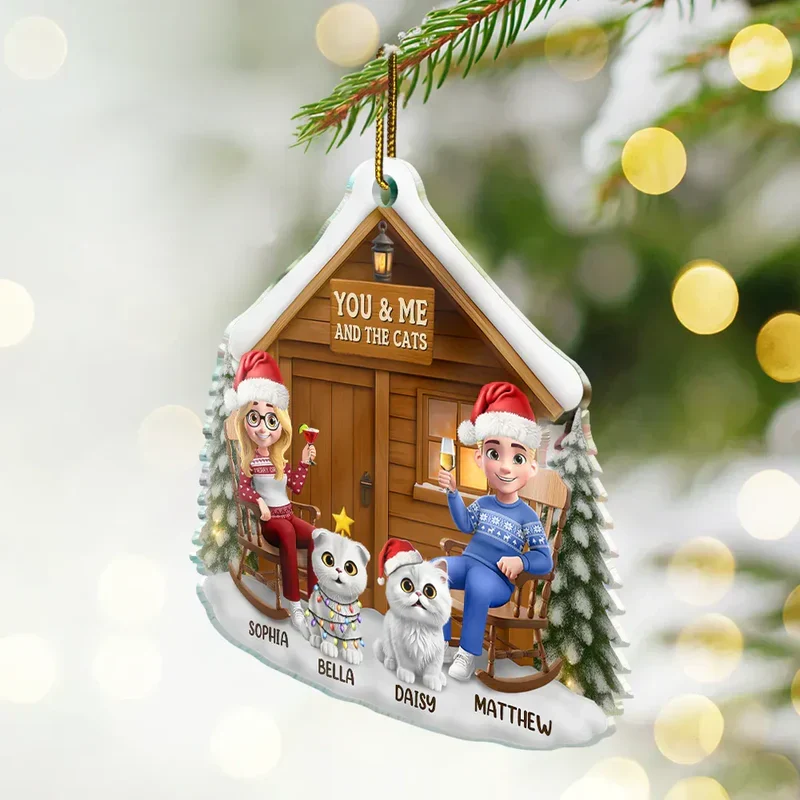 You & Me and the Cat Acrylic Ornament - Cozy Cabin Couple, Snowy Winter Scene - a unique gift for Couples & Cat Lovers - Image 2