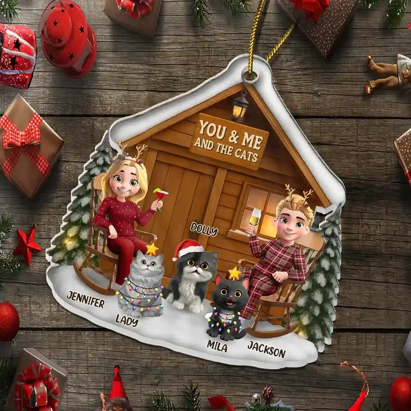 You & Me and the Cat Acrylic Ornament - Cozy Cabin Couple, Snowy Winter Scene - a unique gift for Couples & Cat Lovers - Image 6