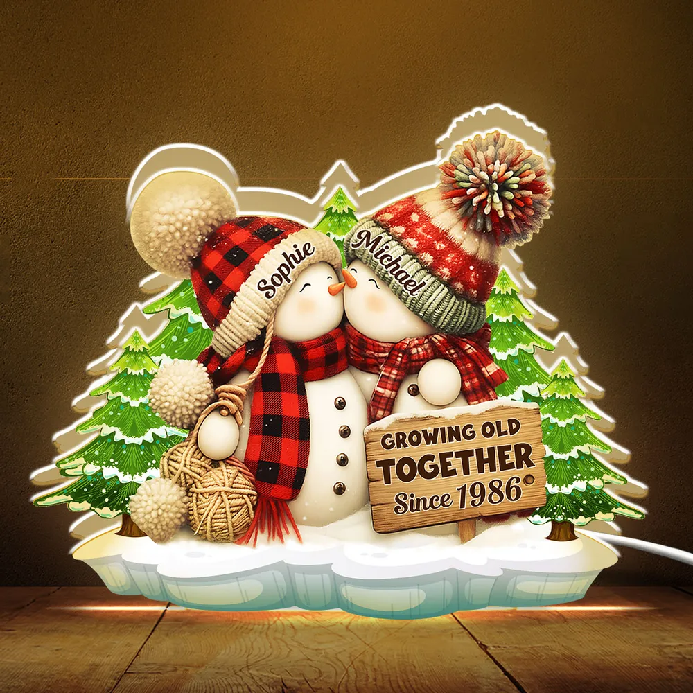 Acrylic Light Box, Snowman Couple Hug in Winter Pines, Warm Glow Decor, Growing Old Together, Unique Gift for Couples - Image 4
