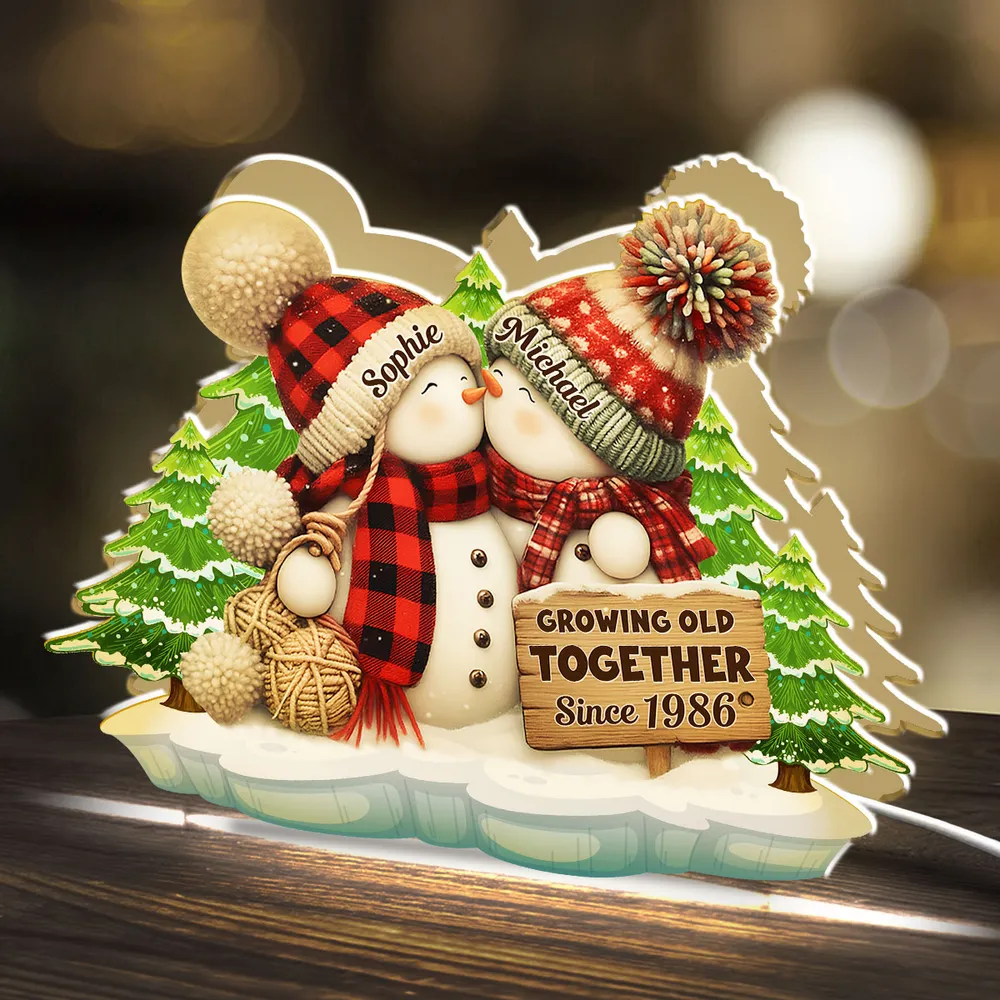 Acrylic Light Box, Snowman Couple Hug in Winter Pines, Warm Glow Decor, Growing Old Together, Unique Gift for Couples - Image 5