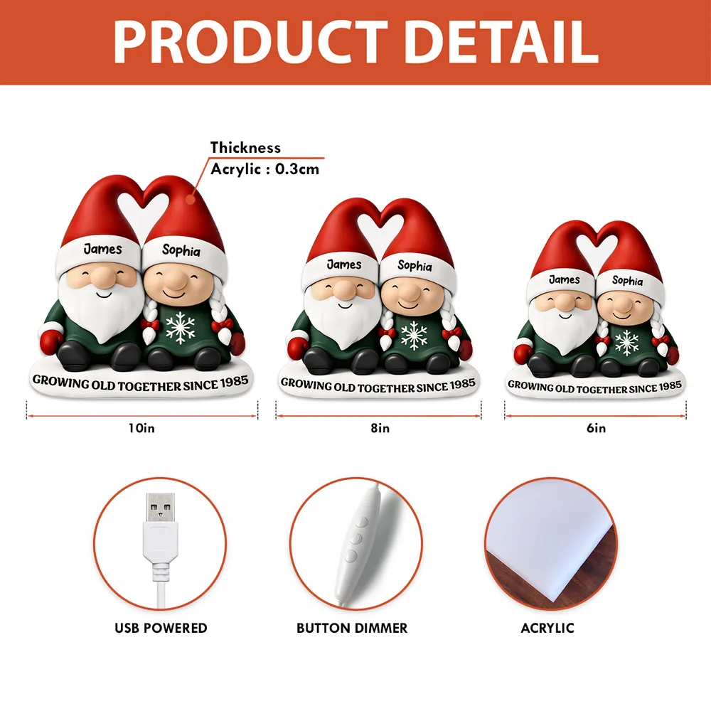 Acrylic Light Box, Christmas Gnome Couple Warm Glow for Bedroom & Shelf, Growing Old Together, Unique Gift for Couples - Image 4