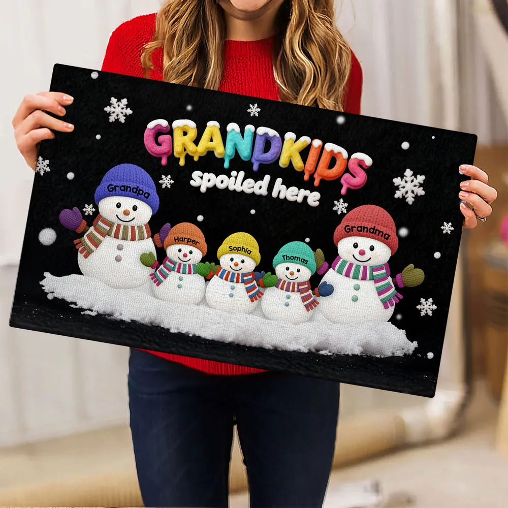 Doormat Personalized Snowman Family for Entryway, Grandkids Spoiled Here, cozy winter look, unique gift for Grandparents - Image 3