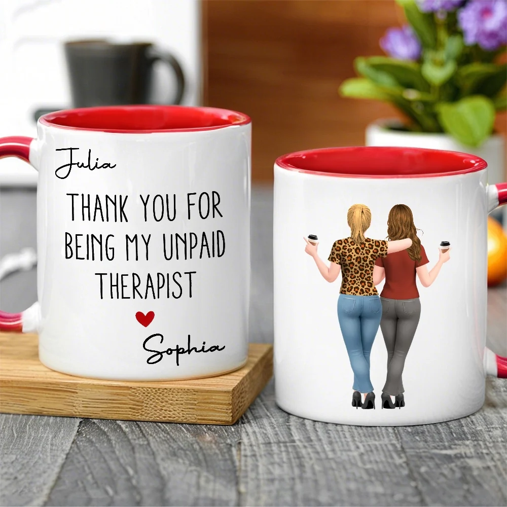 Mug with Hugging Friends Art, Thank You for Being My Unpaid Therapist, Customizable Unique Gift for Coworker or Best Friend - Image 2