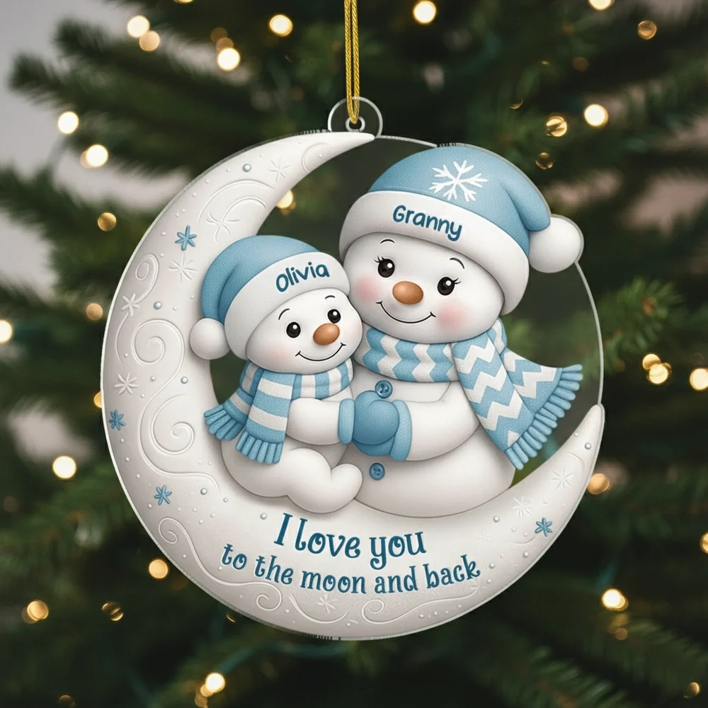 Acrylic Ornament with Snowman Moon Scene, I love you to the moon and back quote, creative Christmas gift for Mom, Grandma