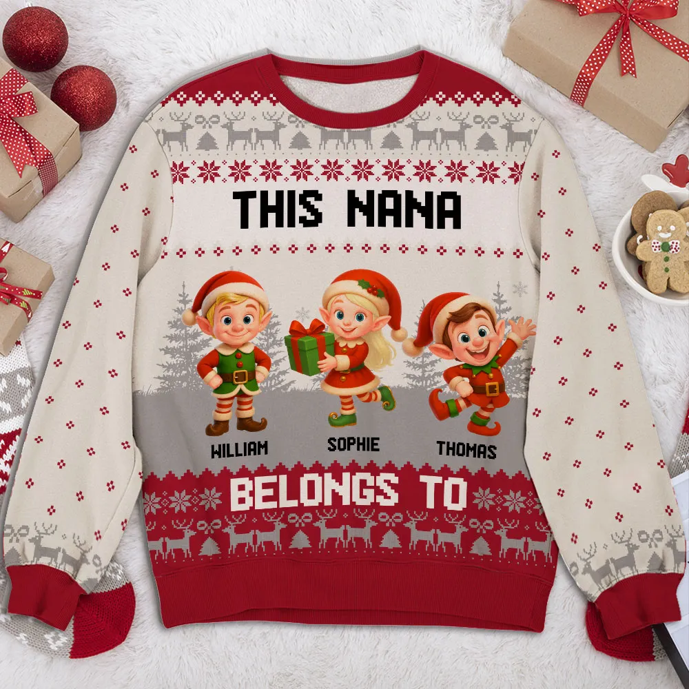 Sweatshirt with Christmas Elves, Custom All-Over Print for Nana, Cozy, Unique Holiday Gift, This Nana Belongs To - Image 5