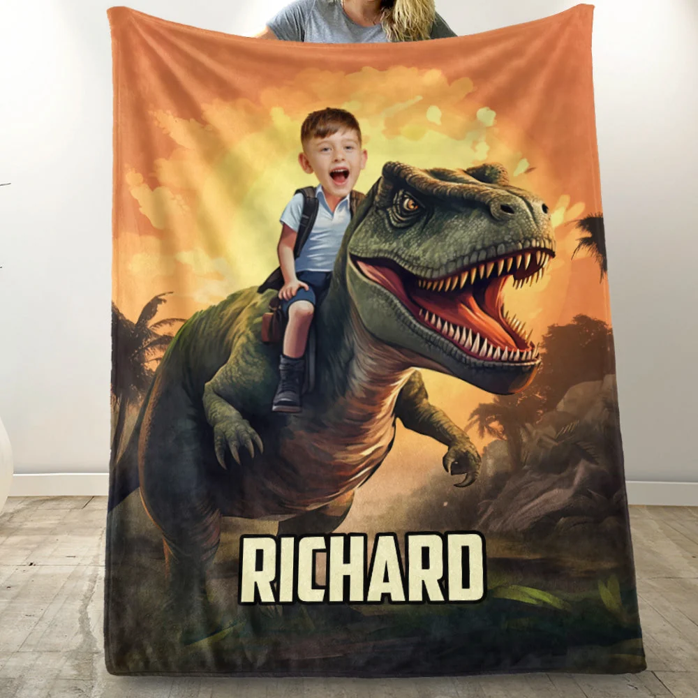 Fleece Blanket with Kid Riding a T-Rex, Customizable Dino Adventure Throw, sunset jungle, unique gift for kids - Image 2
