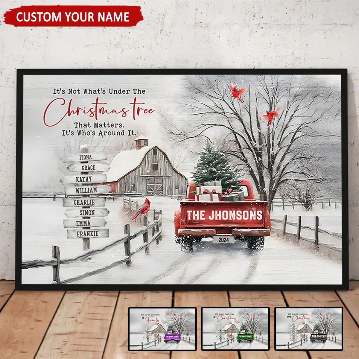 Personalized Snowy Country Christmas Family Name Canvas/Poster, Watercolor Barn & Evergreen Truck Modern Wall Art, Creative Holiday Gift - Image 3