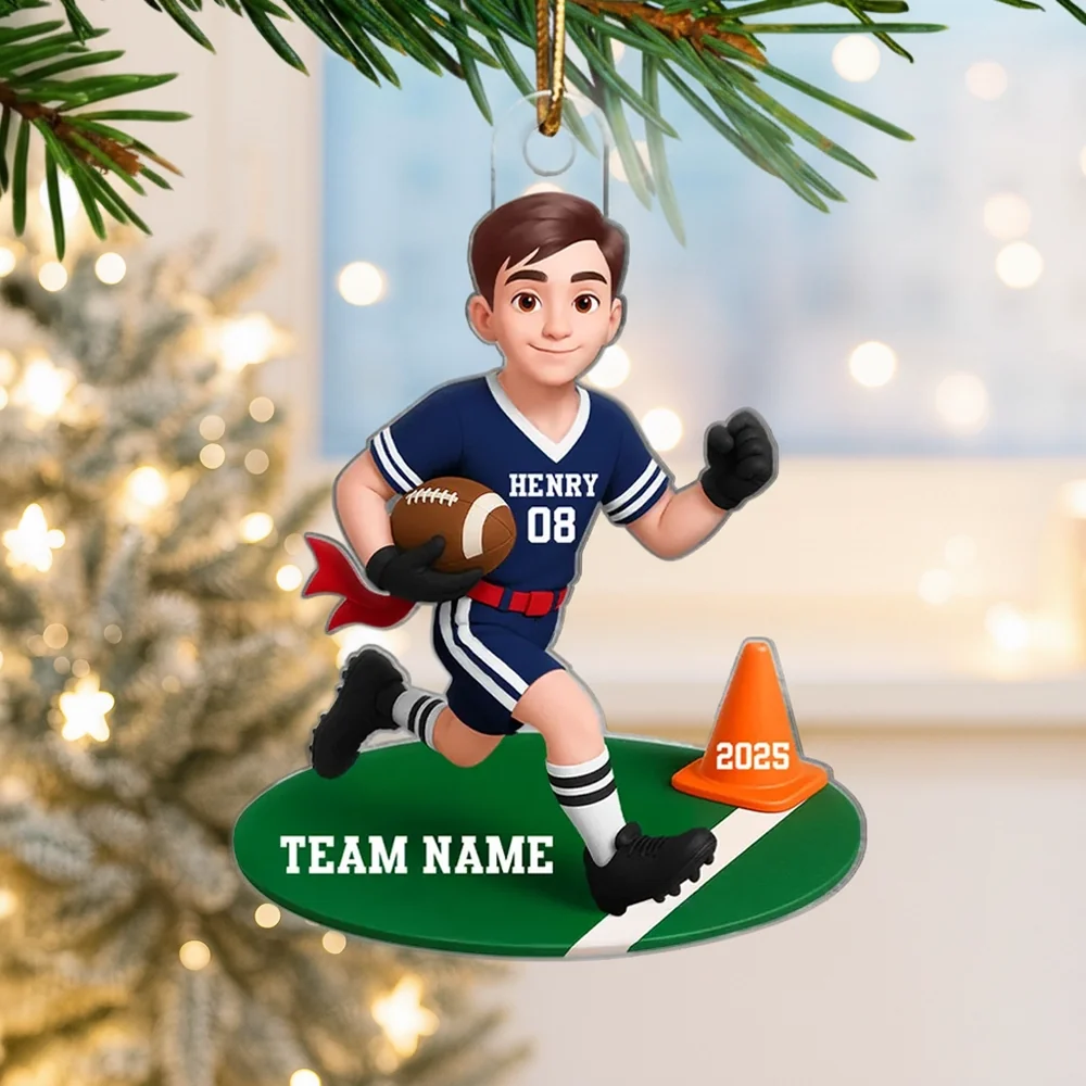 Acrylic Ornament Personalized Flag Football Kid Running on Field, Unique Christmas Tree Gift for Son