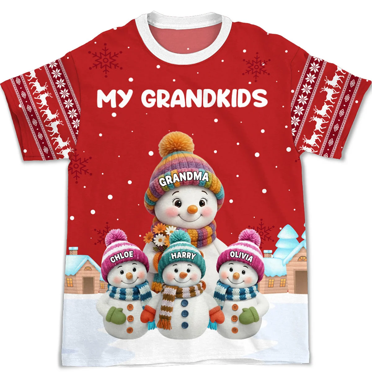 Personalized Printed Classic Tee for Grandma with Grandkids Snowman Scene, Cozy Christmas Gift She Will Love