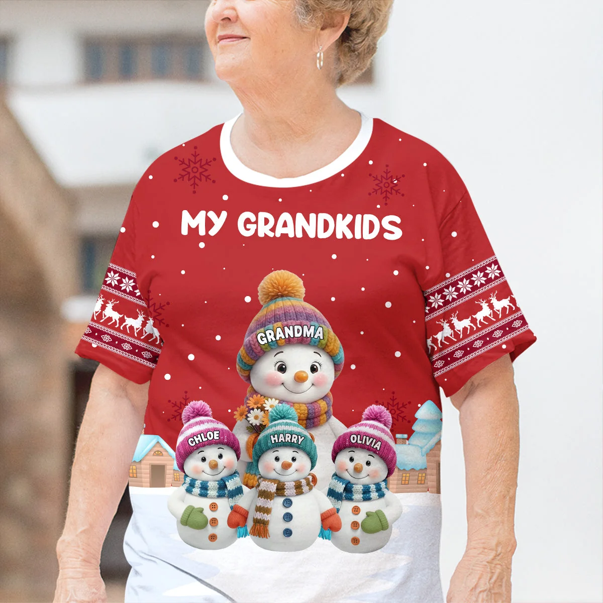 Personalized Printed Classic Tee for Grandma with Grandkids Snowman Scene, Cozy Christmas Gift She Will Love - Image 4