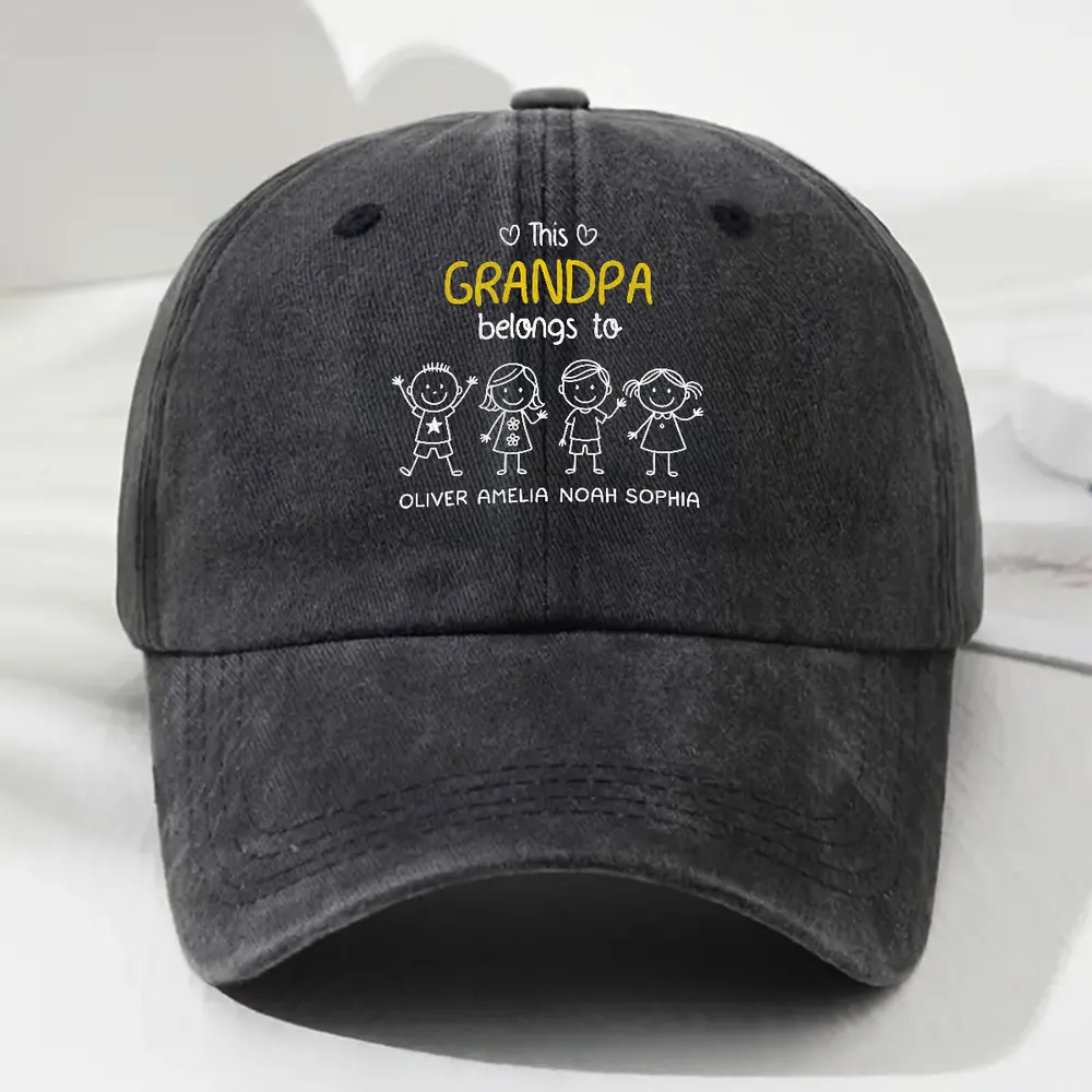 Washed Denim Baseball Cap with Stick-Figure Grandkids Art, Vintage Adjustable, Breathable - a Unique Gift for Grandpa