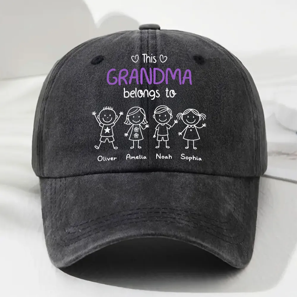 Washed Denim Baseball Cap - 'This Grandma Belongs To' Personalized, Hand-Drawn Stick Kids, Unique Gift for Grandma - Image 2