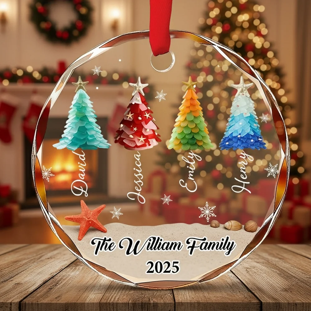 Custom Crystal Ornament with Beach-Inspired Christmas Trees, Personalized Family Name Holiday Decor, Creative Christmas Gift for Loved Ones