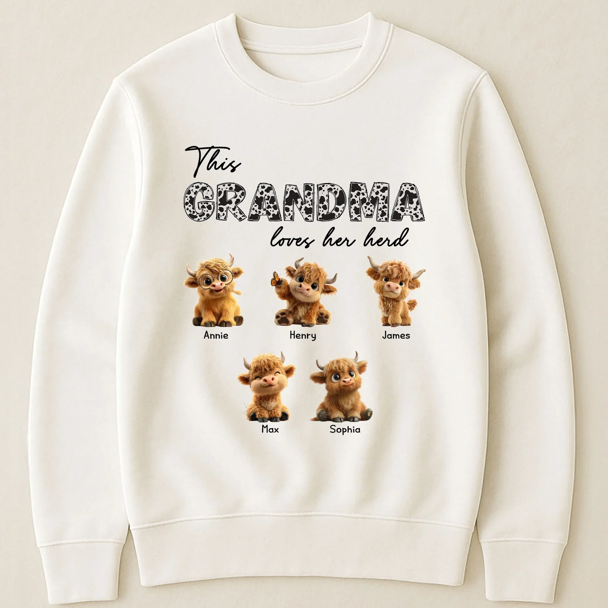 Personalized Grandma Loves Her Herd Classic Tee With Cute Highland Cow Calves, Unique Gift For Grandma - Image 3