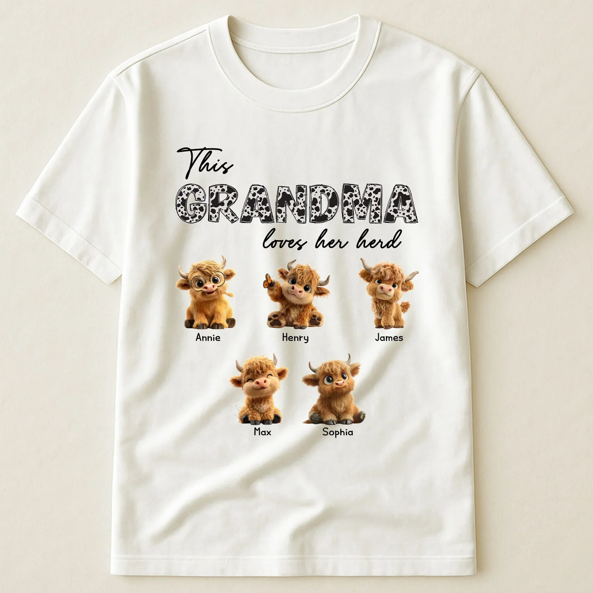 Personalized Grandma Loves Her Herd Classic Tee With Cute Highland Cow Calves, Unique Gift For Grandma - Image 5