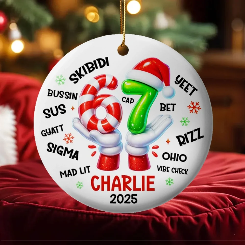 Personalized Ceramic Ornament with Six Seven Slang Design, Funny Gen Alpha Christmas Ornament, Unique Teen Gift for Tree Decorating & Holiday Laughs