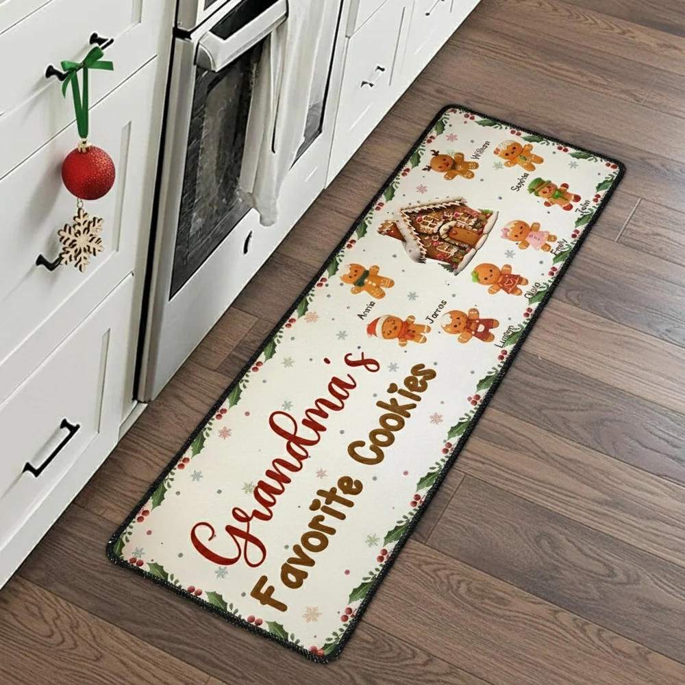 Personalized Standard Doormat for Grandma – Gingerbread Kitchen Runner, Custom Family Design, Cute Holiday Gift Idea