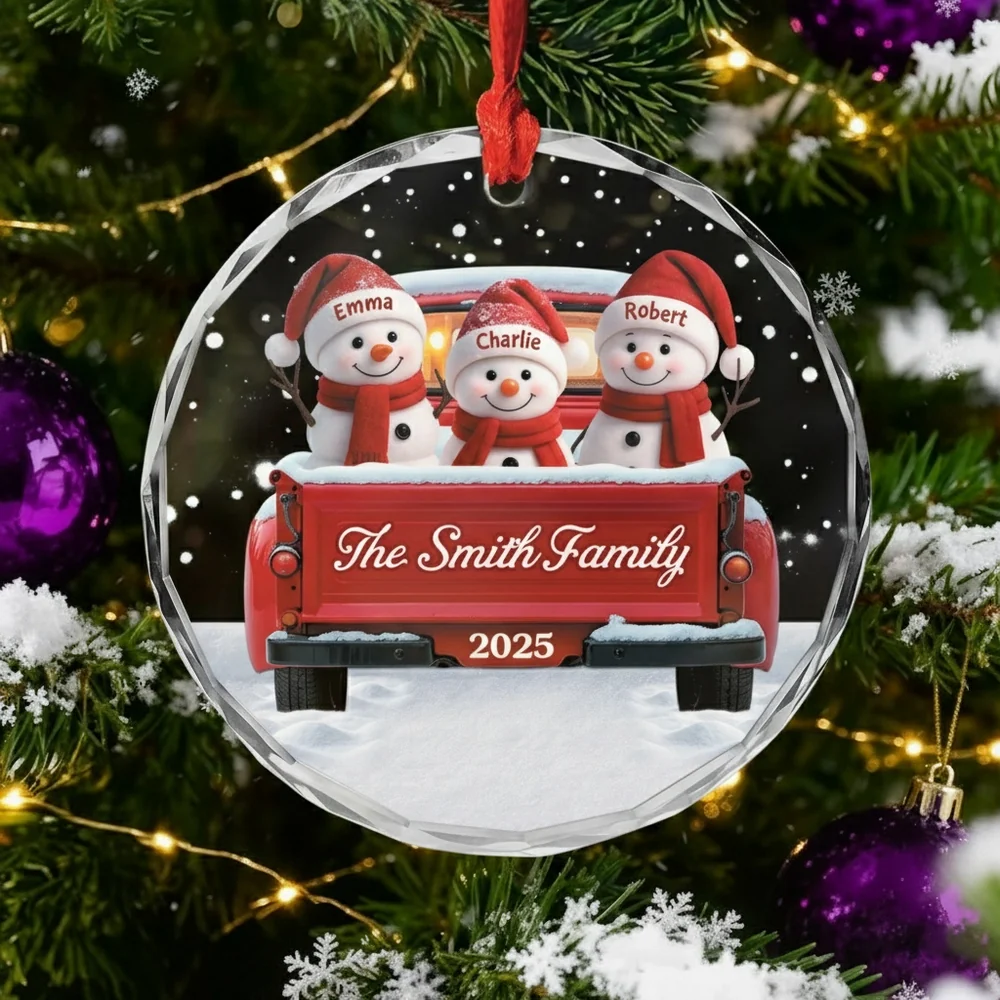 Personalized Crystal Ornament with Snowman Family in Red Truck, Festive Christmas Decor and Unique Family Gift