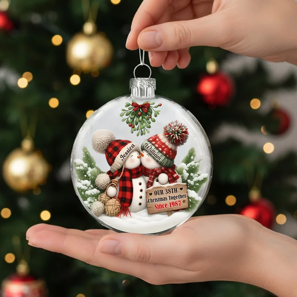 Personalized Acrylic Flat Ball Ornament for Couples – Cozy Snowman Design for Christmas Tree – Unique Romantic Gift to Celebrate Your Love - Image 3