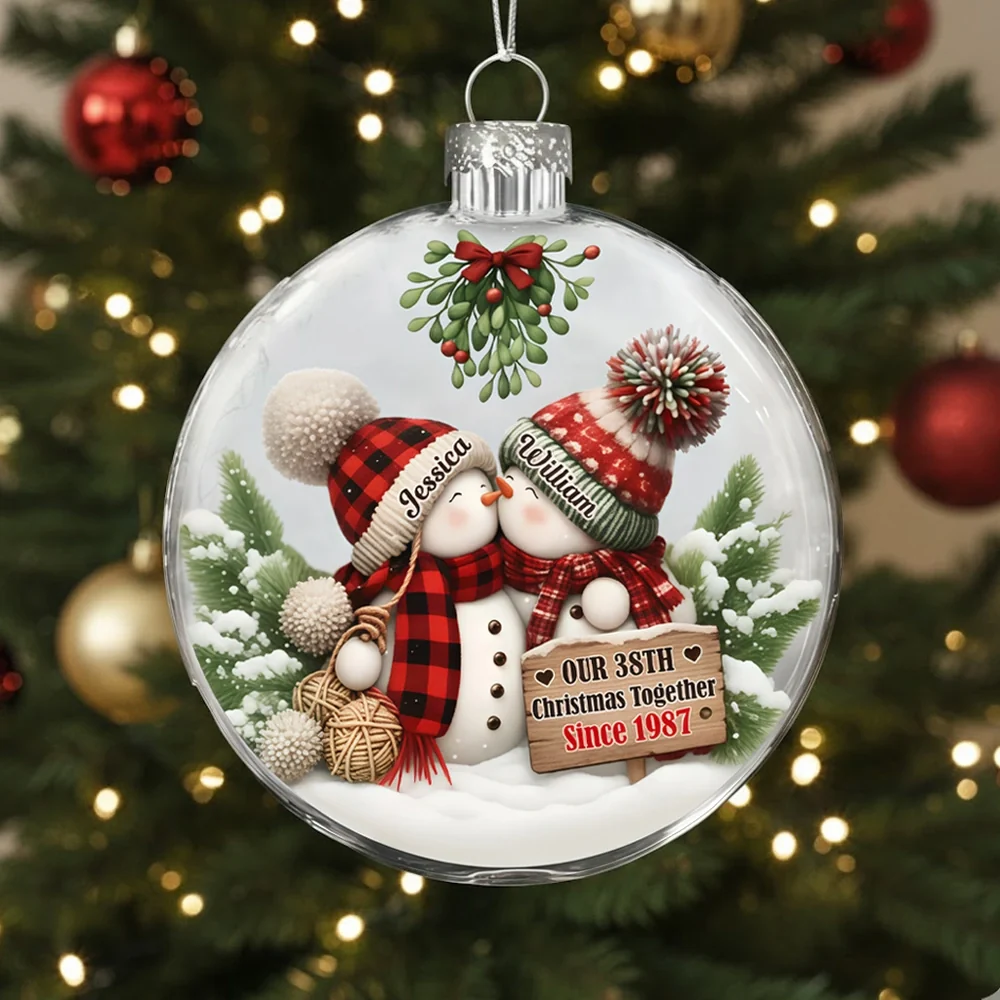 Personalized Acrylic Flat Ball Ornament for Couples – Cozy Snowman Design for Christmas Tree – Unique Romantic Gift to Celebrate Your Love - Image 4