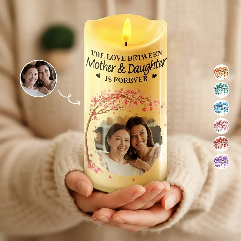 Custom Flameless LED Candle for Mom from Daughter – Photo Memory Light with Peaceful Glow, Heartfelt Mother Daughter Gift for Any Occasion