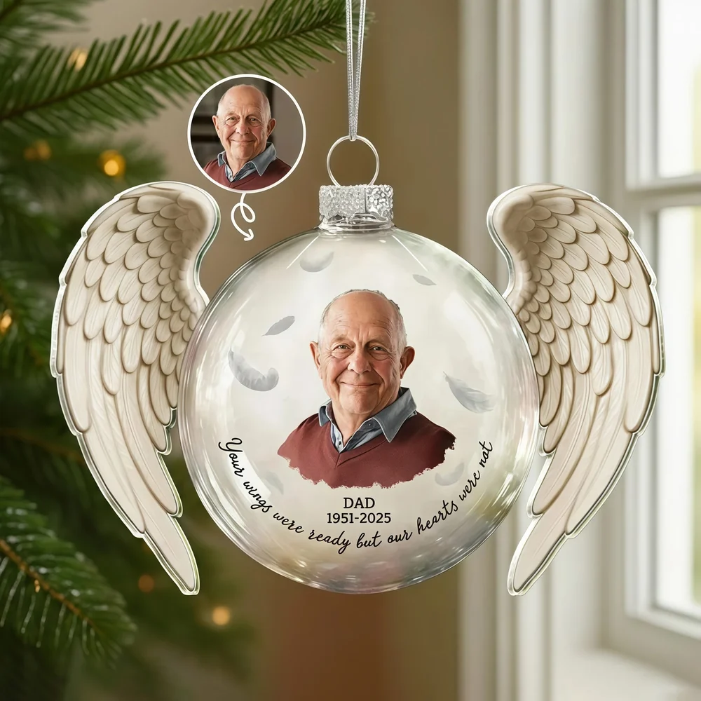 Custom Photo Acrylic Flat Ball Ornament Memorial with Angel Wings, Heartfelt Remembrance Christmas Gift for Dad and Family Keepsake