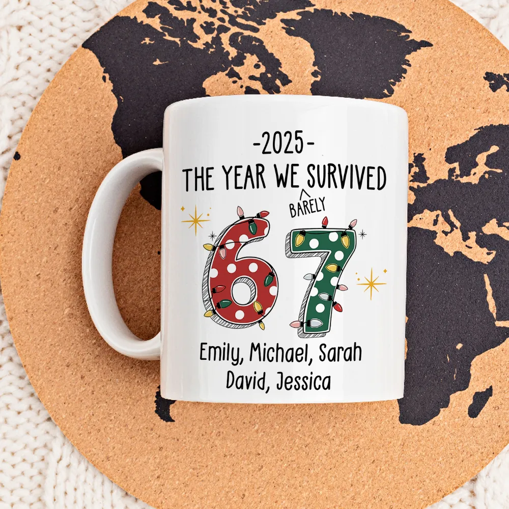 Custom 67 Ceramic Mug with Festive Dotted Numbers, Personalized Year We Survived Joke for Office Friends, Fun & Cute Gift - Image 3