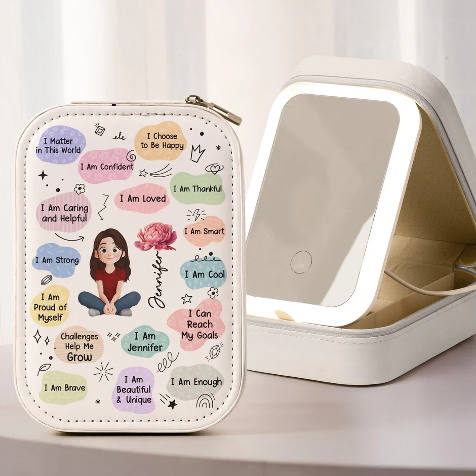 Custom LED Makeup Case with Cartoon Portrait & Positive I Am Quotes – Unique Personalized Makeup Box, Uplifting Gift for Daughter or Friend