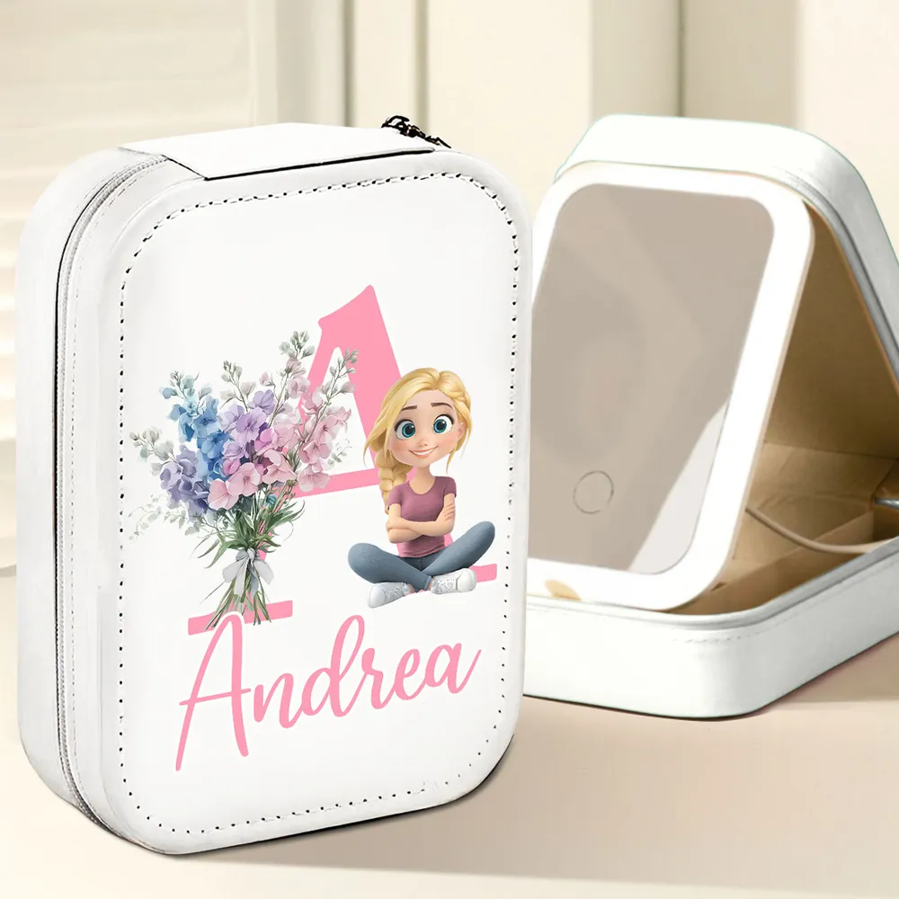 Personalized Leather LED Makeup Case with Cartoon Girl & Florals, Unique Gift for Teens & Daughters - Image 2