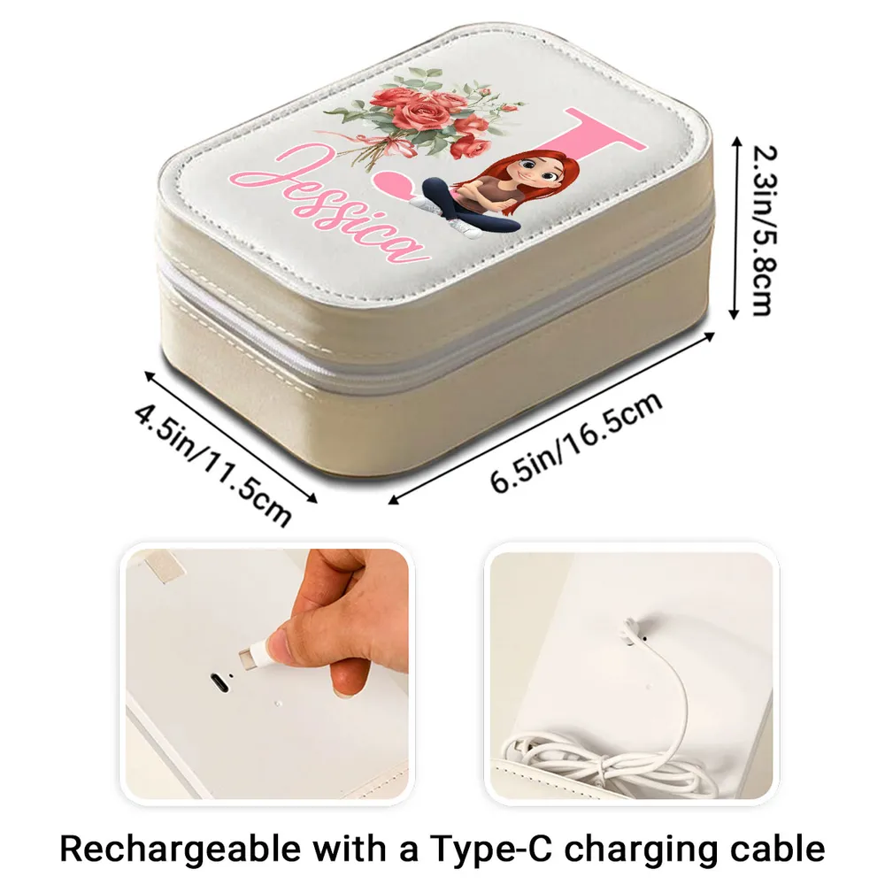 Personalized Leather LED Makeup Case with Cartoon Girl & Florals, Unique Gift for Teens & Daughters - Image 4