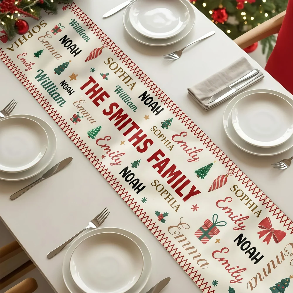 Custom Family Name Christmas Table Runner for Holiday Dining – Cozy Personalized Decor & Creative Gift Idea