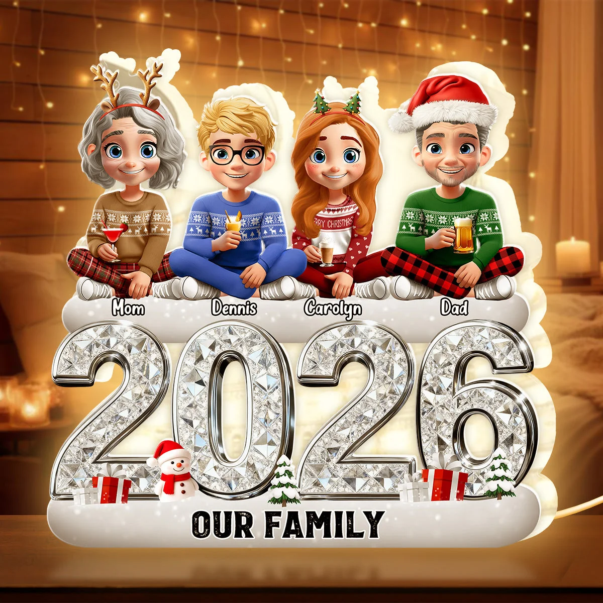 Custom Our Family Acrylic Light Box with Festive Characters, Warm Atmosphere Lighting Acrylic Light Box, Heartfelt Holiday Gift for the Whole Family