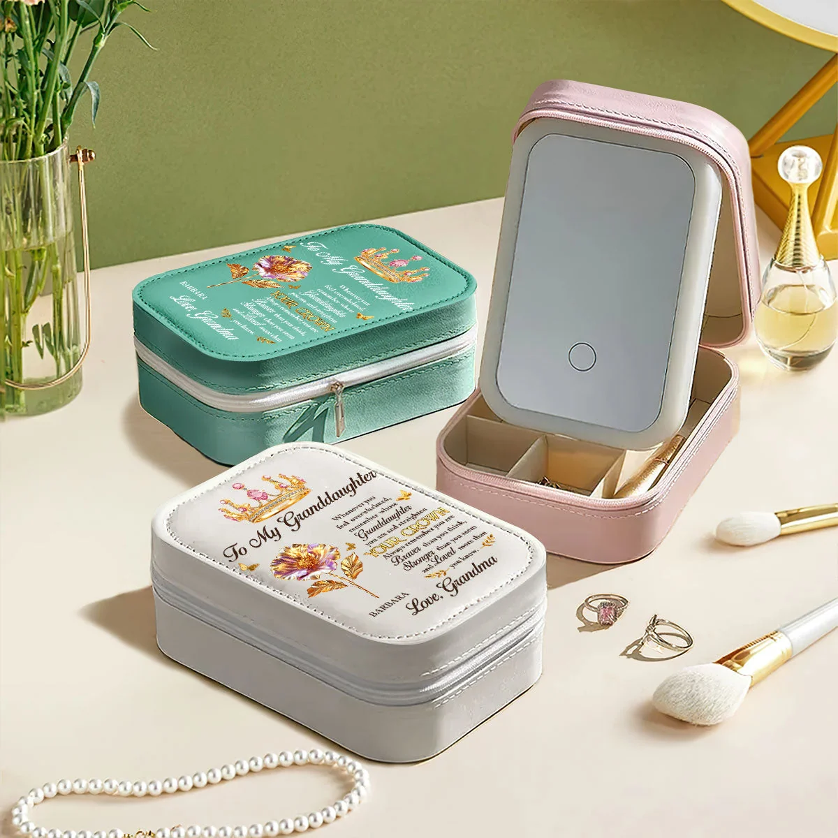 Personalized Leather LED Makeup Case with Crown Quote – Unique Granddaughter Gift from Grandma, Encouraging & Heartwarming Keepsake - Image 2