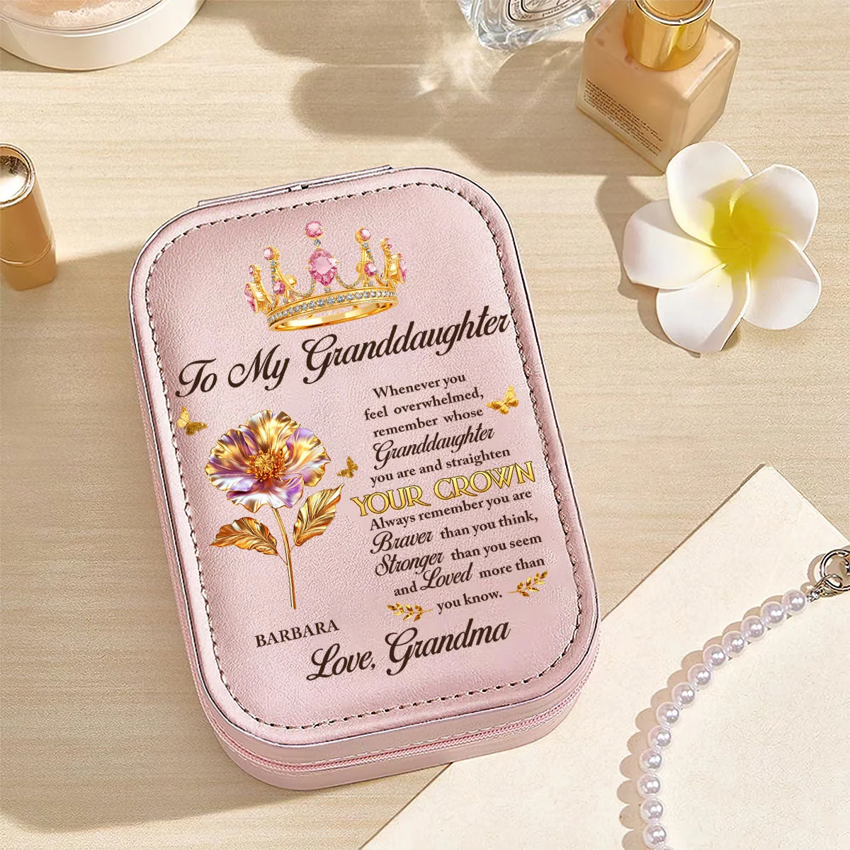 Personalized Leather LED Makeup Case with Crown Quote – Unique Granddaughter Gift from Grandma, Encouraging & Heartwarming Keepsake - Image 3