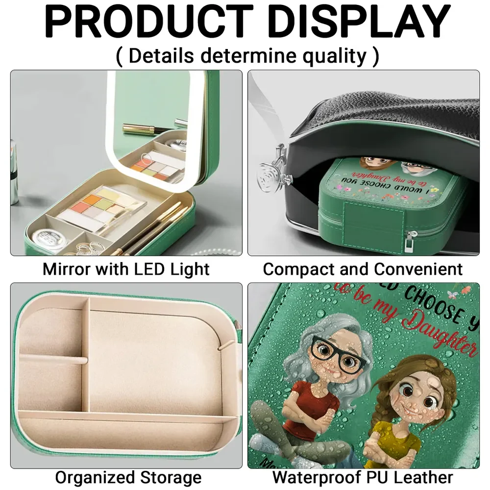 Custom LED Makeup Case with Cartoon Mother and Daughter, Sentimental Travel Makeup Case, Heartfelt Personalized Gift - Image 4