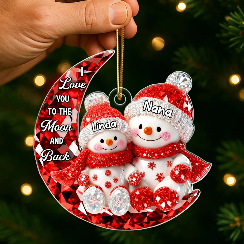 Personalized Acrylic Ornament for Grandma & Grandkid on Moon – Sparkling Snowman Design, I Love You to the Moon and Back, Unique Christmas Gift - Image 3