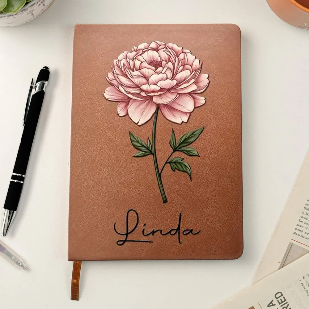 Personalized Leather Journal with Birth Month Flower Art, Custom Name Keepsake Notebook, Unique Gift for Her