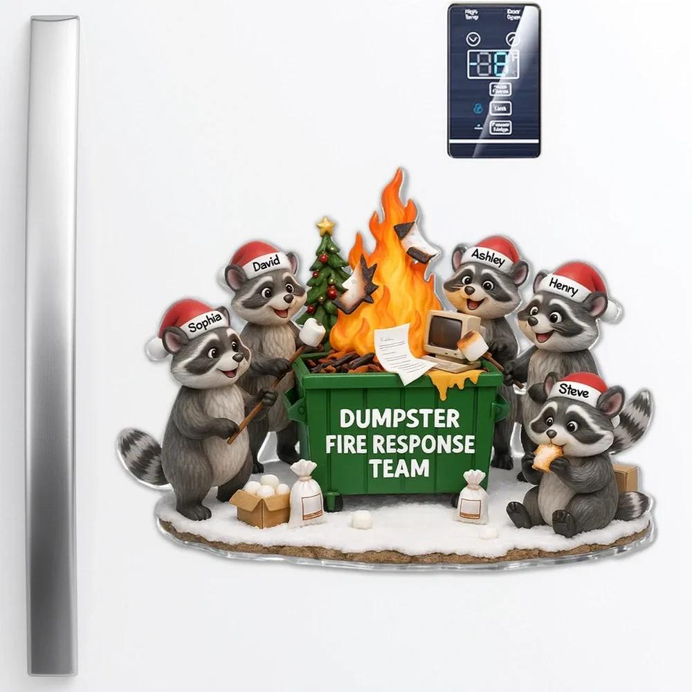 Personalized Acrylic Fridge Magnet Dumpster Fire Raccoon Team Funny Holiday Gift for Coworkers & Friends