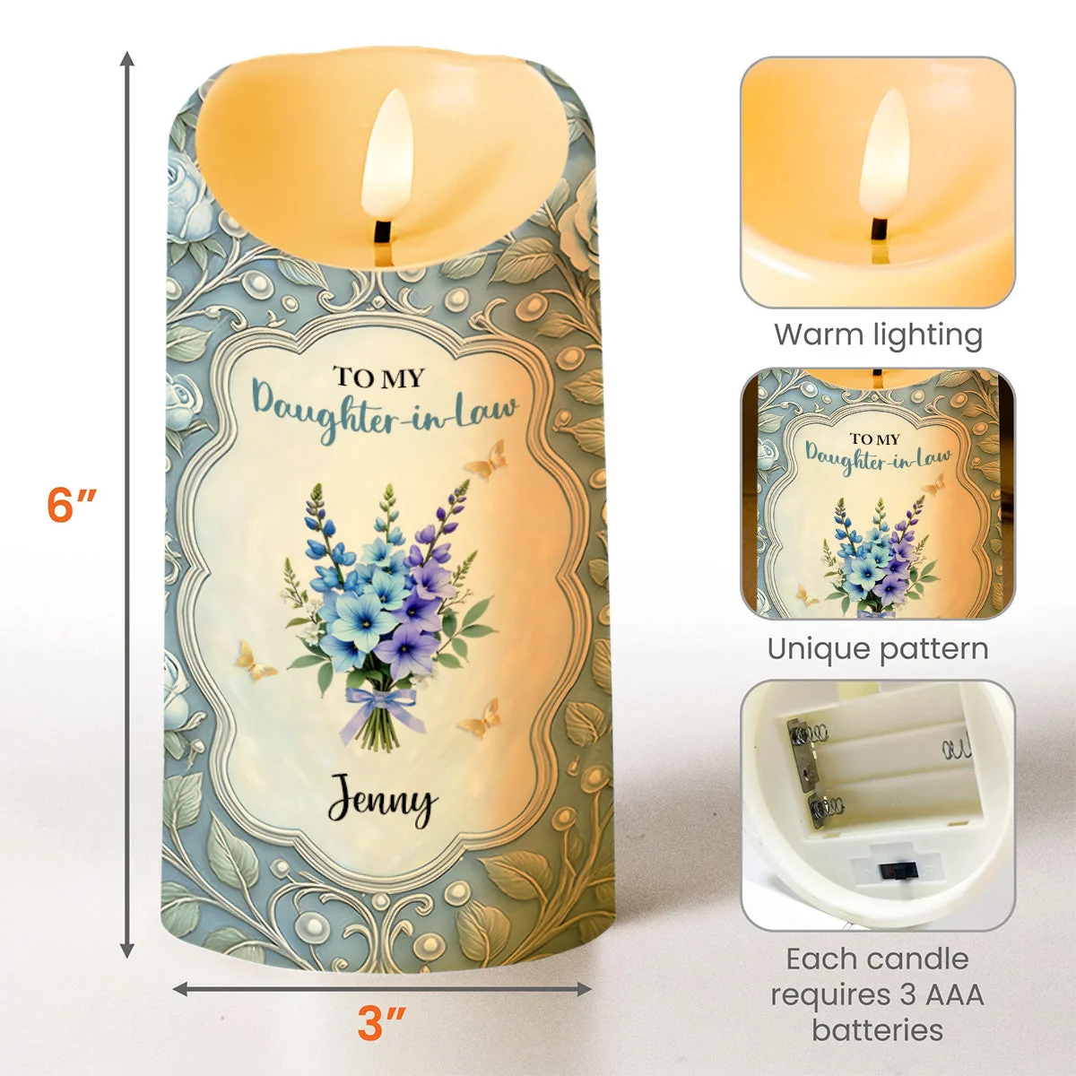 Personalized Flameless LED Candle for Daughter-in-Law, Custom Message & Flowers, Warm Glow Sentimental Gift from Mom - Image 4