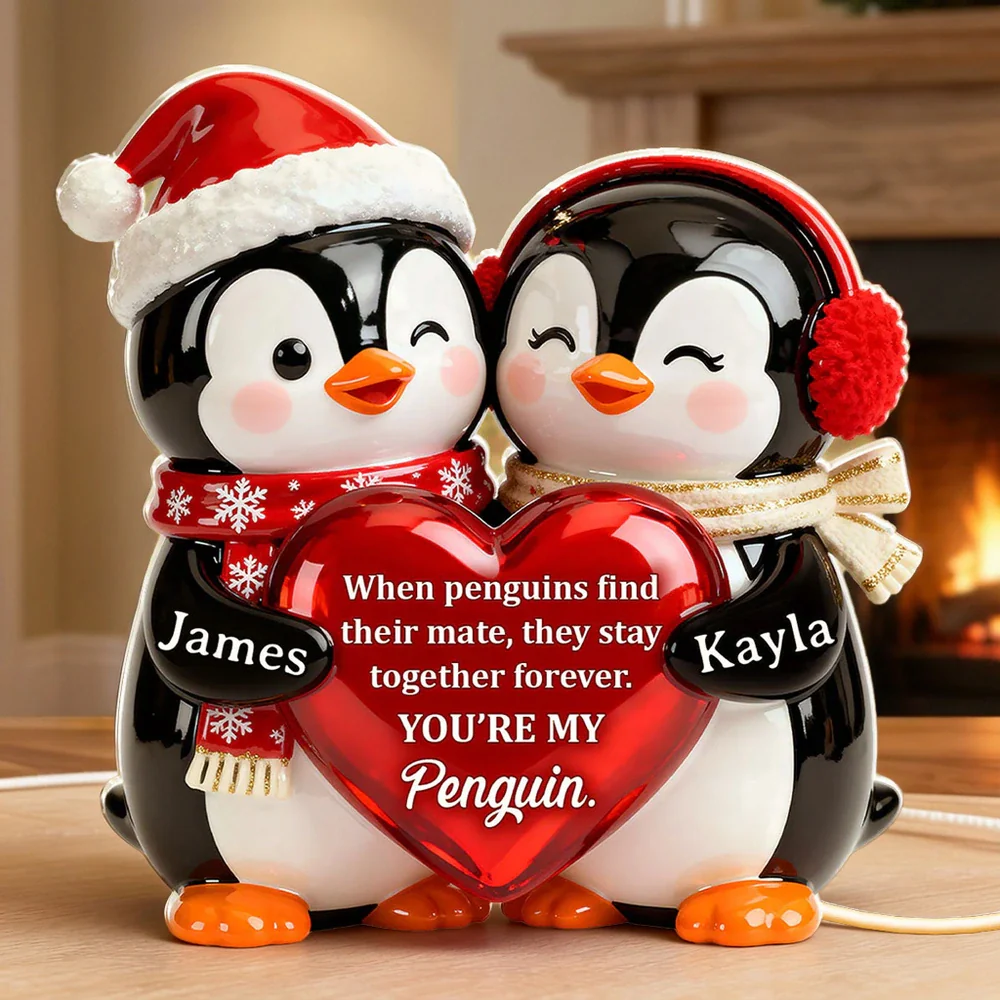 Personalized Acrylic Light Box with Cute Penguin Couple, Romantic Soft Glow Keepsake, Unique Gift for Your Partner