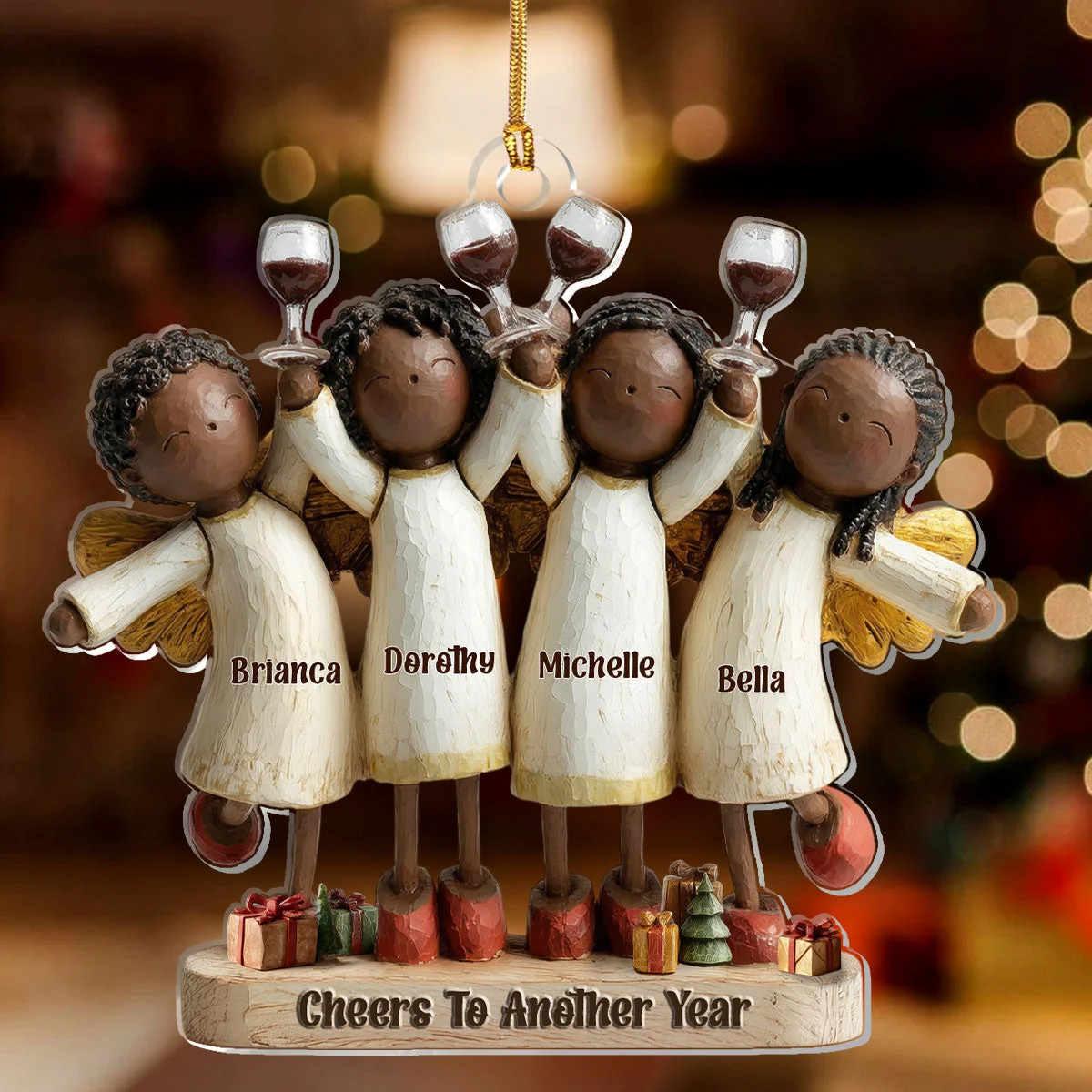 Personalized Acrylic Ornament with Four Angels Toasting – Cheers to Another Year, Festive Home Decor & Unique Christmas Gift for Friends - Image 2