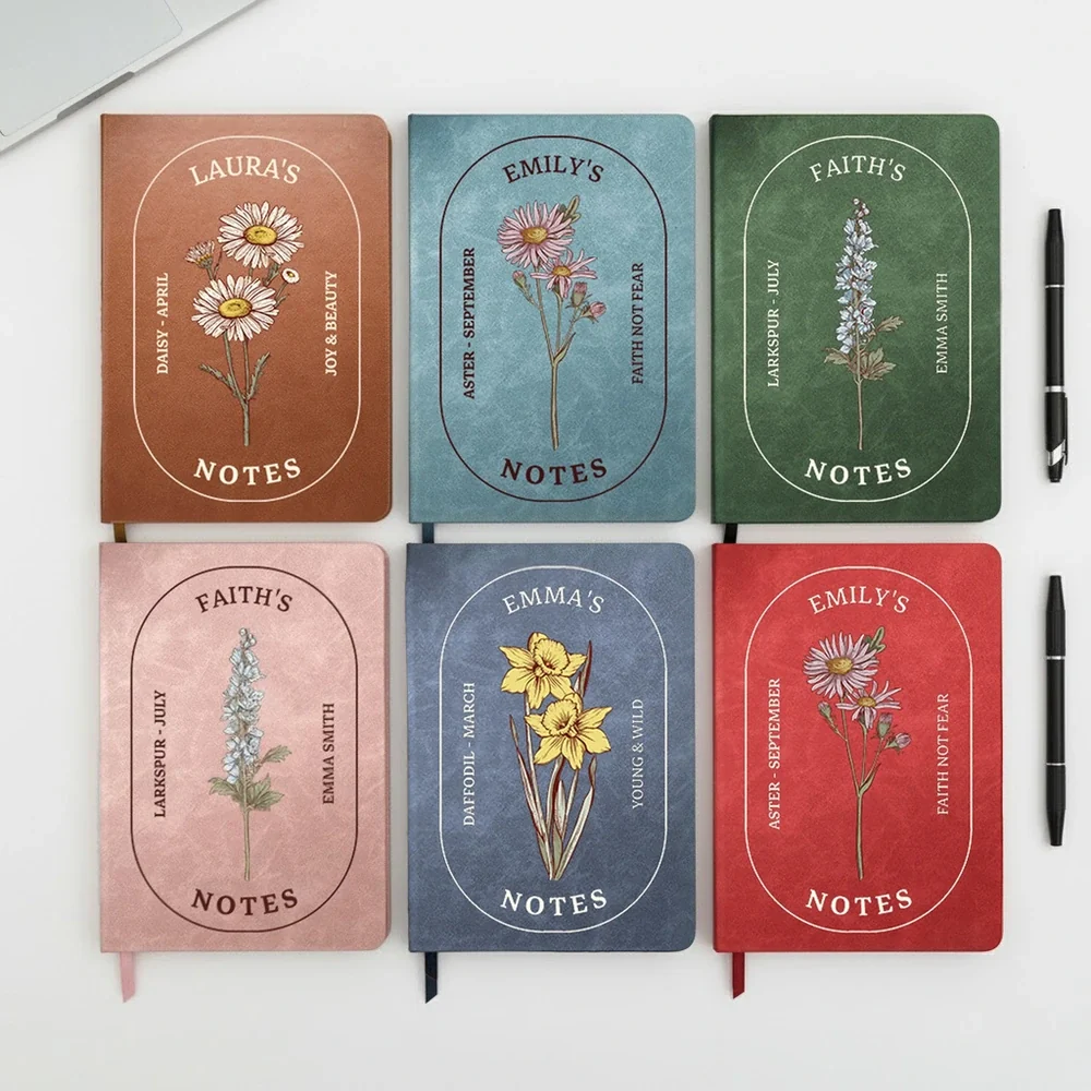 Custom Birth Flower Leather Journal – Personalized Notebook for Daily Notes, A Thoughtful Unique Gift for Women - Image 2