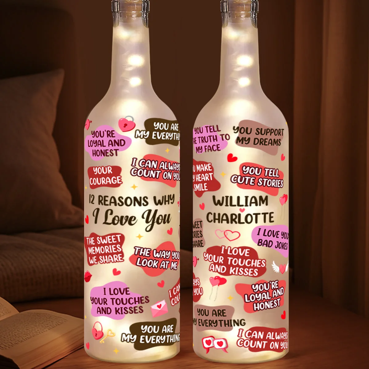 Personalized Bottle Lamp with 12 Reasons I Love You, Soft Warm Glow Bedroom Light, Unique Romantic Gift for Couples - Image 4