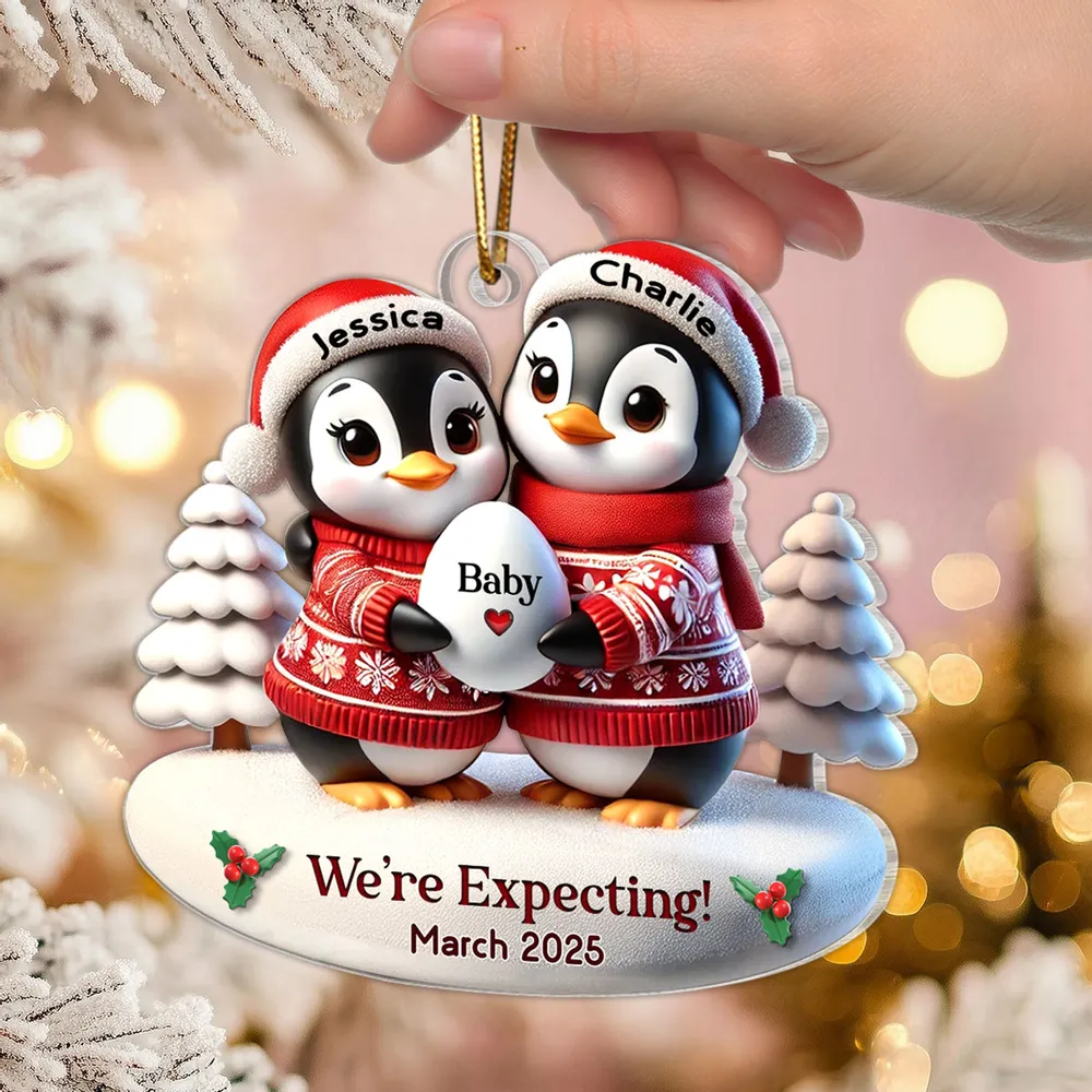 Custom Penguin Couple Acrylic Ornament for Parents-to-Be, Heartwarming Holiday Keepsake and Creative Baby Reveal Gift - Image 2