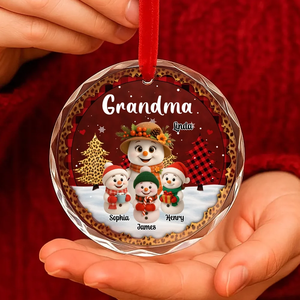 Personalized Crystal Ornament for Grandma with Cute Snowman Grandkid Scene, Festive Holiday Decor & Unique Gift - Image 2