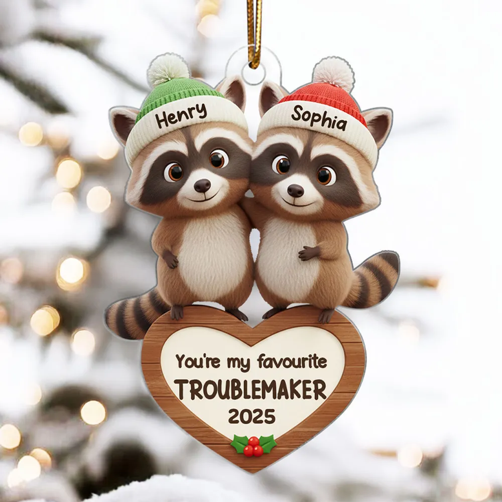 Personalized Acrylic Ornament with Raccoon Couple – Cute Favorite Troublemaker Christmas Gift for Couples & Newlyweds - Image 2